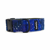 Cosmic Canvas dog collar, 4 cm width, ECONABLE recycled buckle, front-arc angle, REPREVE canvas, handmade in EU.