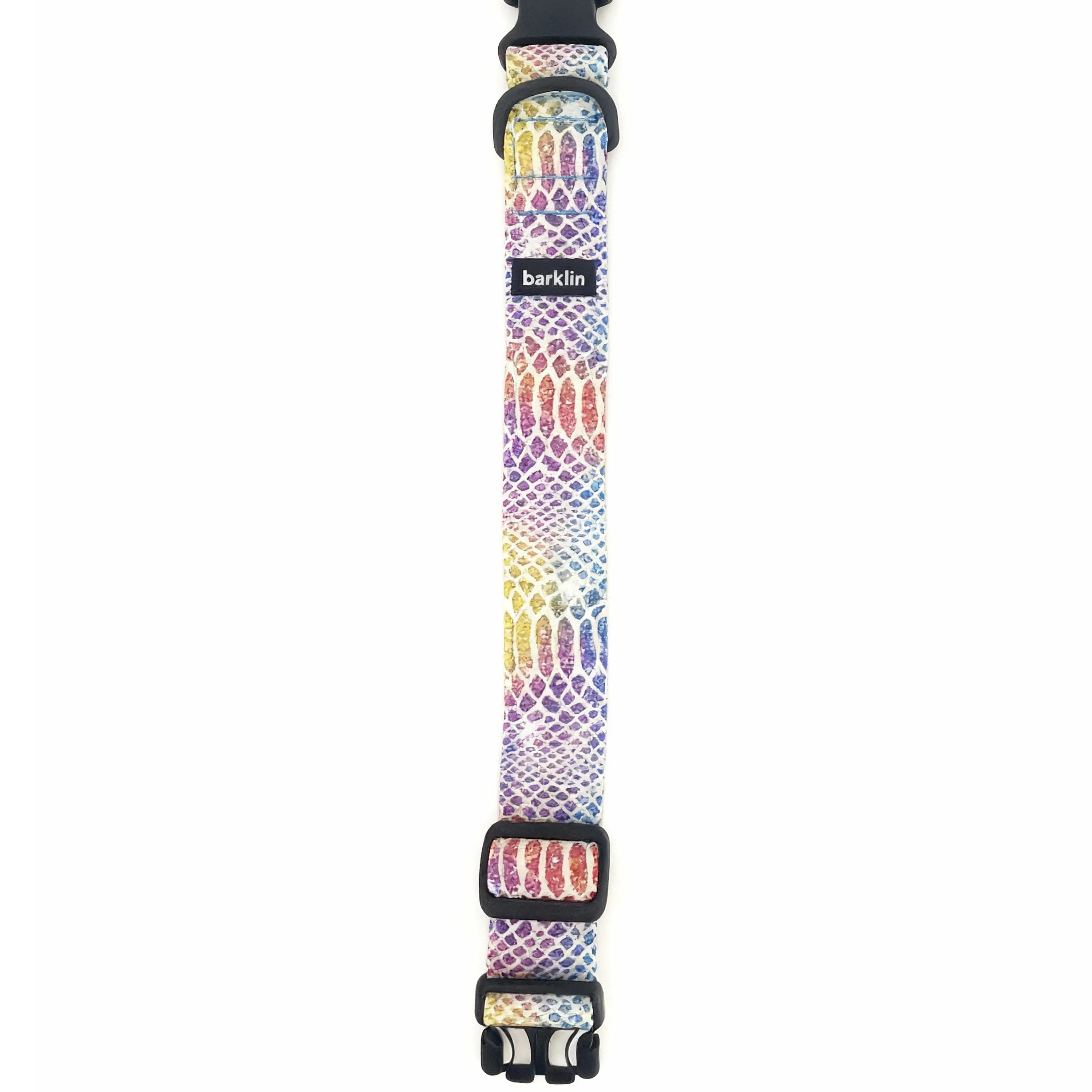 Kaleido Snake dog collar in 4 cm width shown in flat-lay, pattern-first REPREVE canvas with ECONABLE buckle, EU-made.