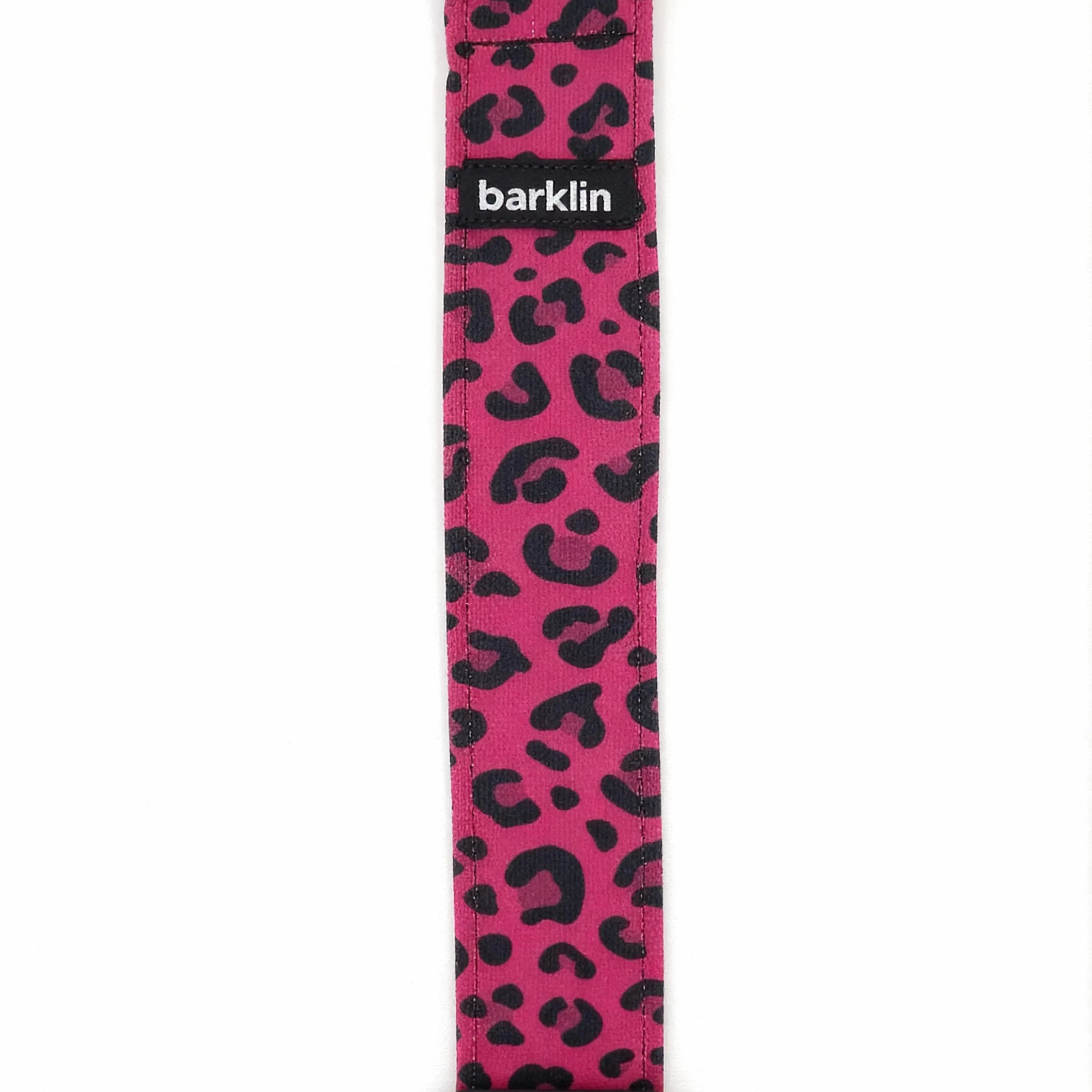 Pop Leopard collar pattern close-up, REPREVE printed canvas detail on 4 cm strap, handmade in EU.