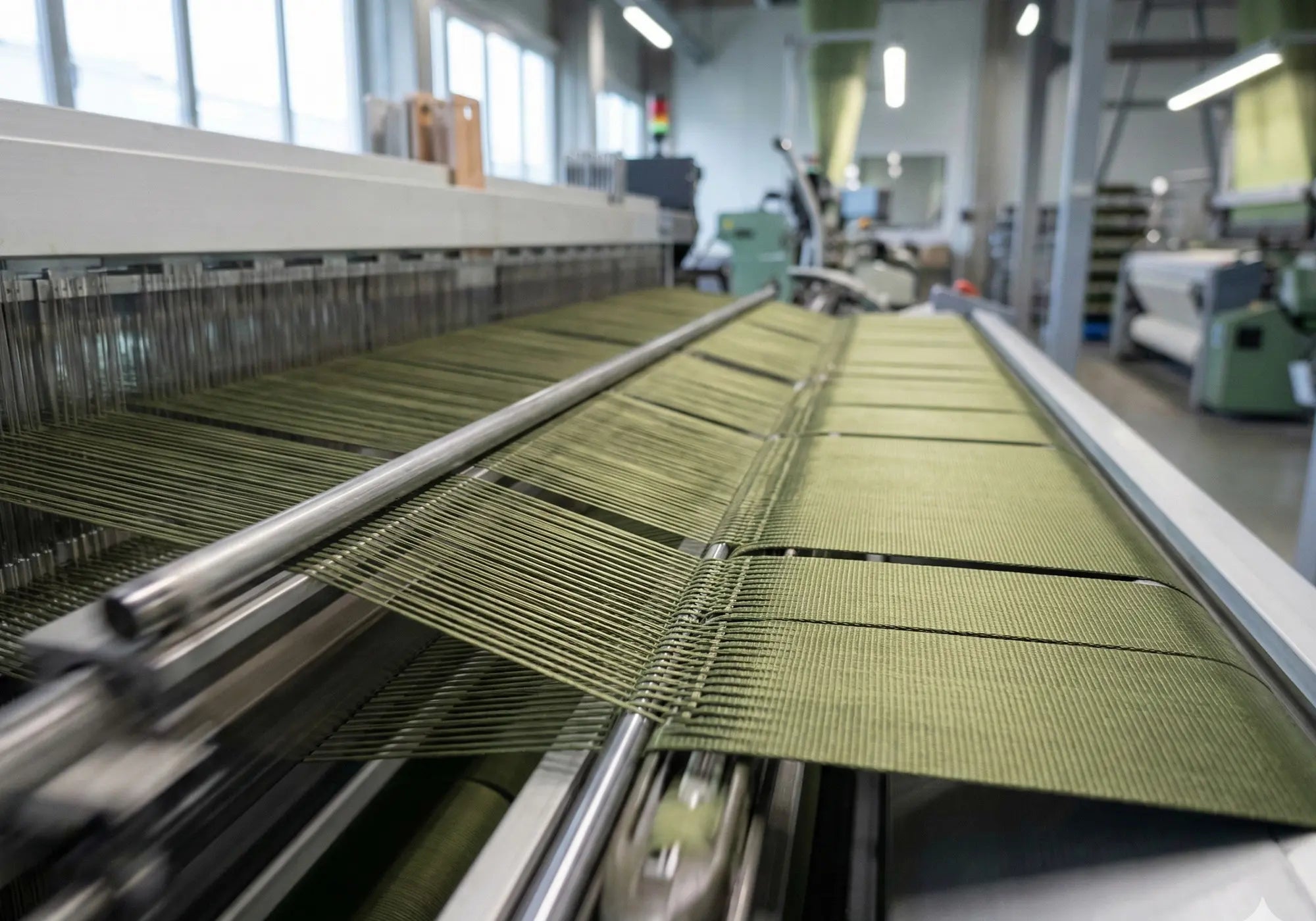 ECONYL and REPREVE textile production line showing green webbing on industrial loom, documentary transparency image.
