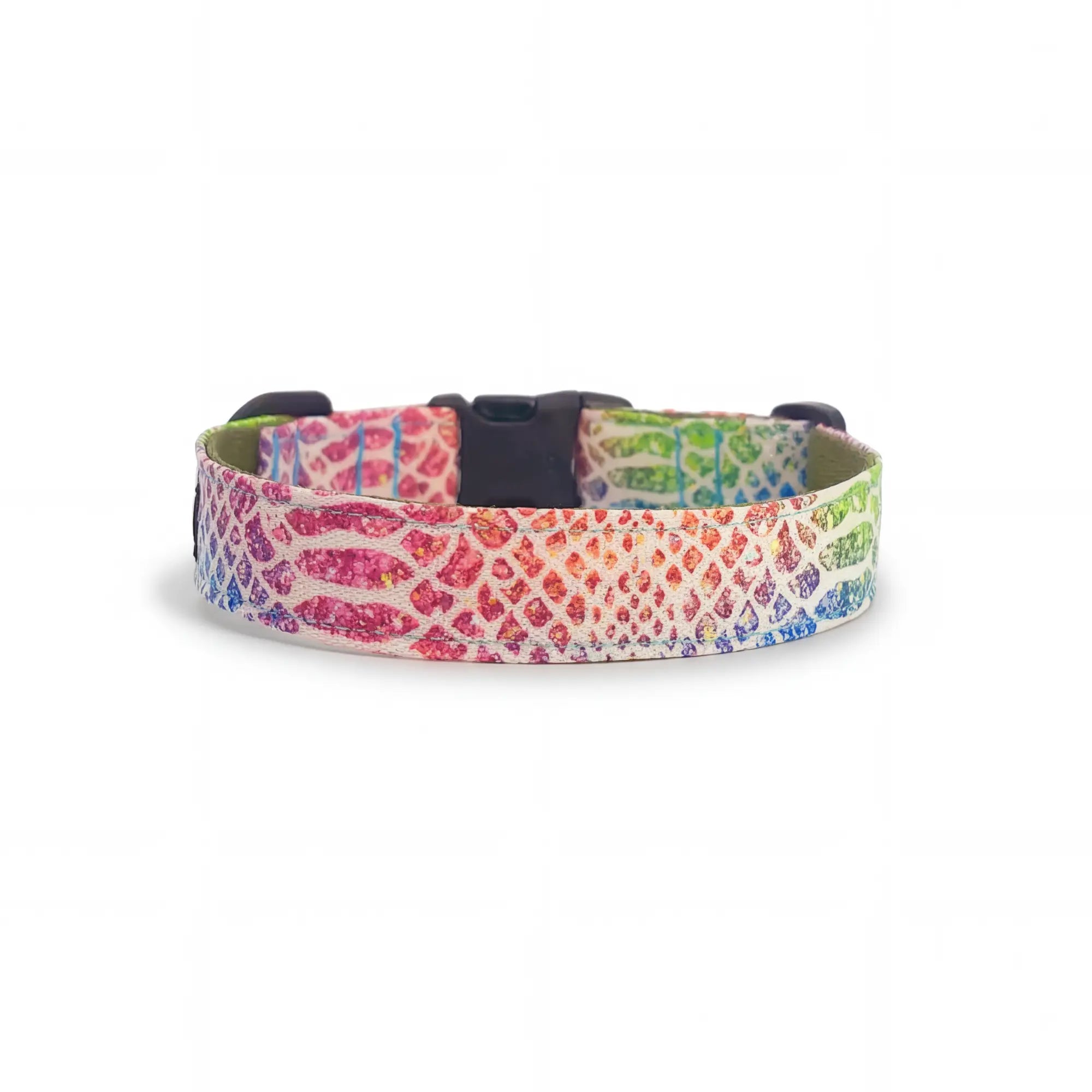 Dog collar in Barklin Kaleido Snake pattern, standard 2.5 cm width, shown in back arc view to highlight the continuous printed textile pattern and structured collar shape.