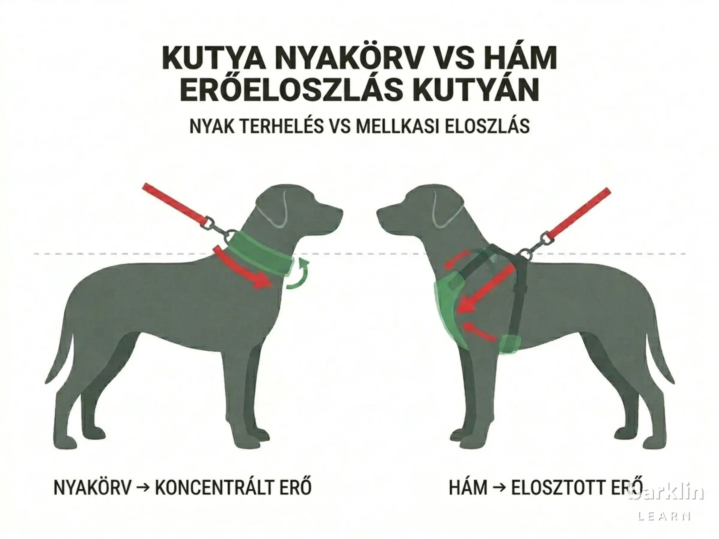 Erőeloszlás diagram kutyán: nyakörv koncentrált terheléssel a nyakon vs hám elosztott terheléssel a mellkason